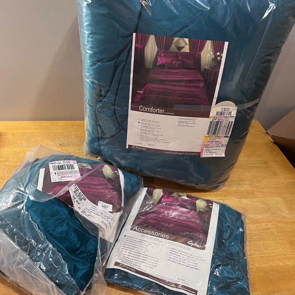Vtg JCPenney Sheridan Ceylon Teal Blue Satin Full Comforter Bedskirt Sham Set